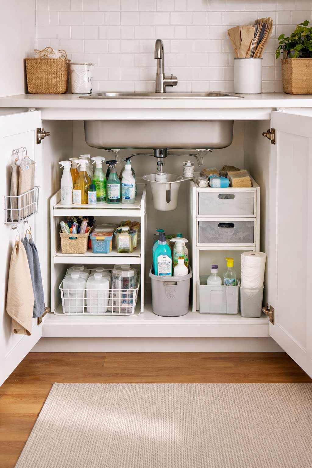 Organized under-sink cabinet in a small apartment kitchen with tiered shelves, pull-out drawers, cleaning supplies, and compact storage bins around exposed plumbing.
