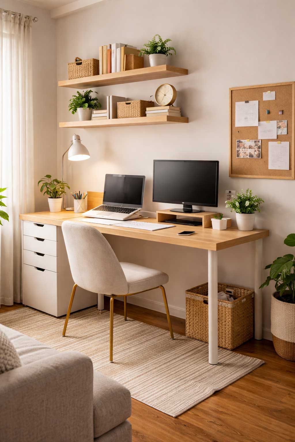 Organized small apartment home office with a light wood desk, monitor, laptop, floating shelves, desk lamp, storage drawers, and simple neutral decor in a bright corner workspace.
