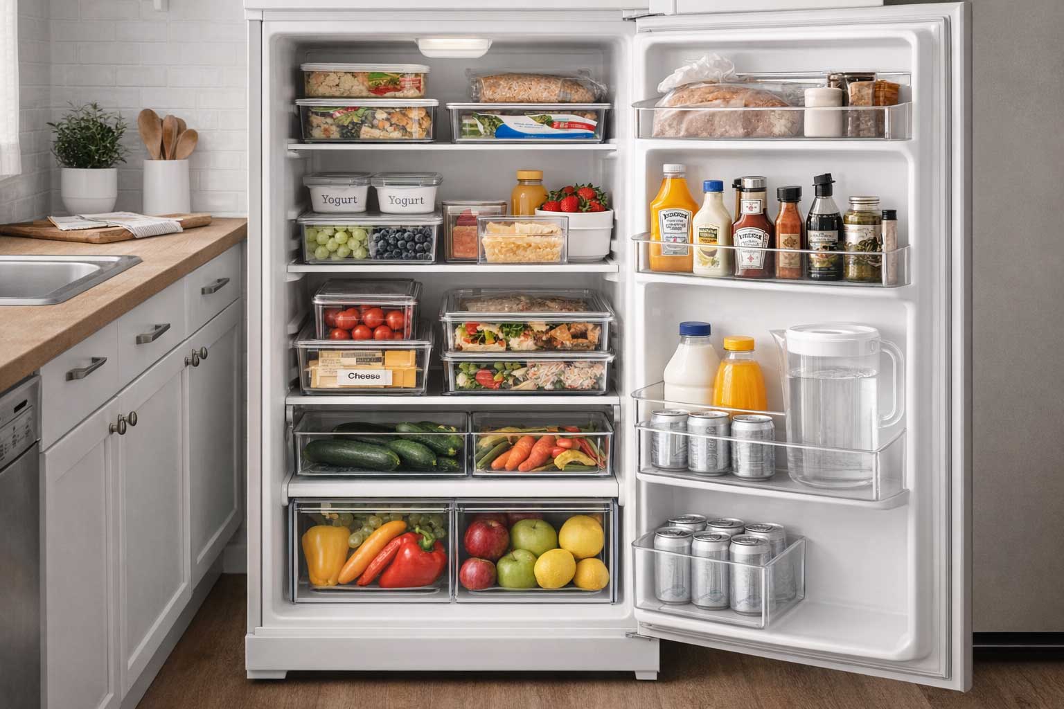 Small apartment refrigerator with organized food zones, featuring stackable containers, bins for produce and leftovers, neatly grouped drinks and condiments, and a clean layout that makes food easy to see and access.