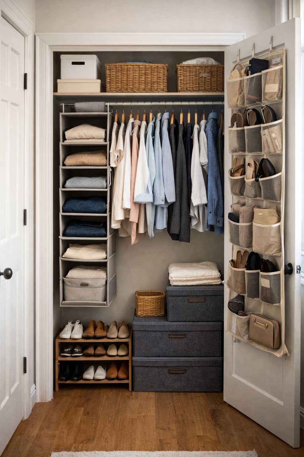 Organized small apartment closet without built-in shelves featuring hanging clothes, fabric shelf organizer, stackable storage bins, shoe rack, and over-the-door pocket organizer.