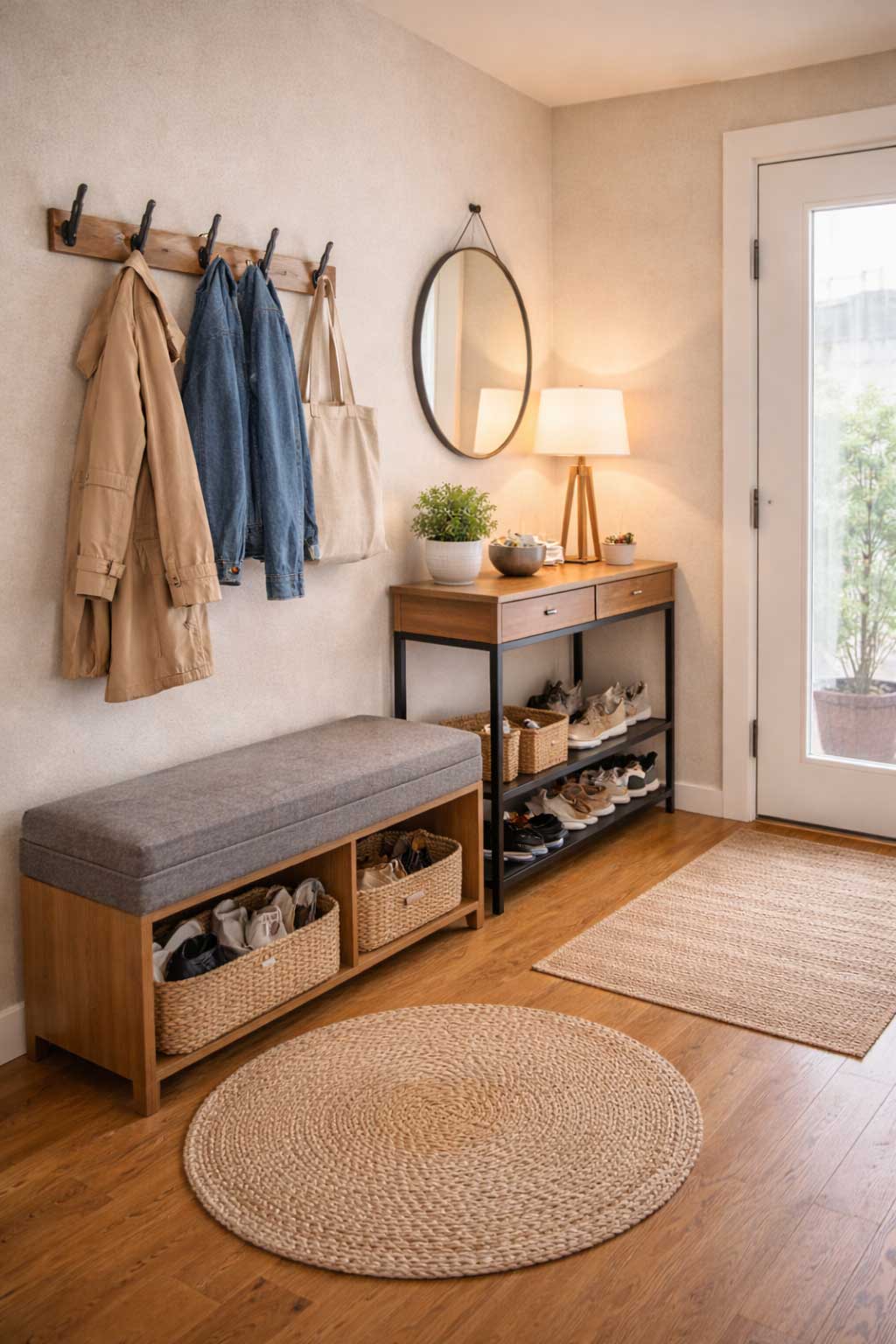 Small apartment entryway with storage bench, wall hooks for coats and bags, slim console table, and organized shoe storage in a compact hallway.