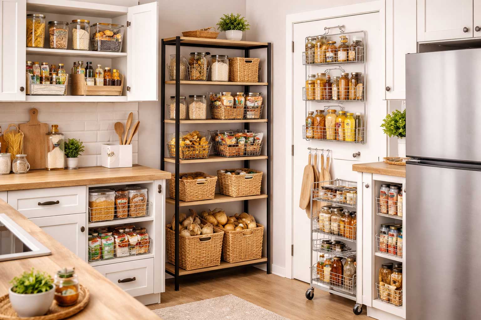 Organized small apartment kitchen with pantry-style storage using cabinets, open shelving, baskets, a slim rolling cart, and door-mounted organizers to maximize space without a built-in pantry.