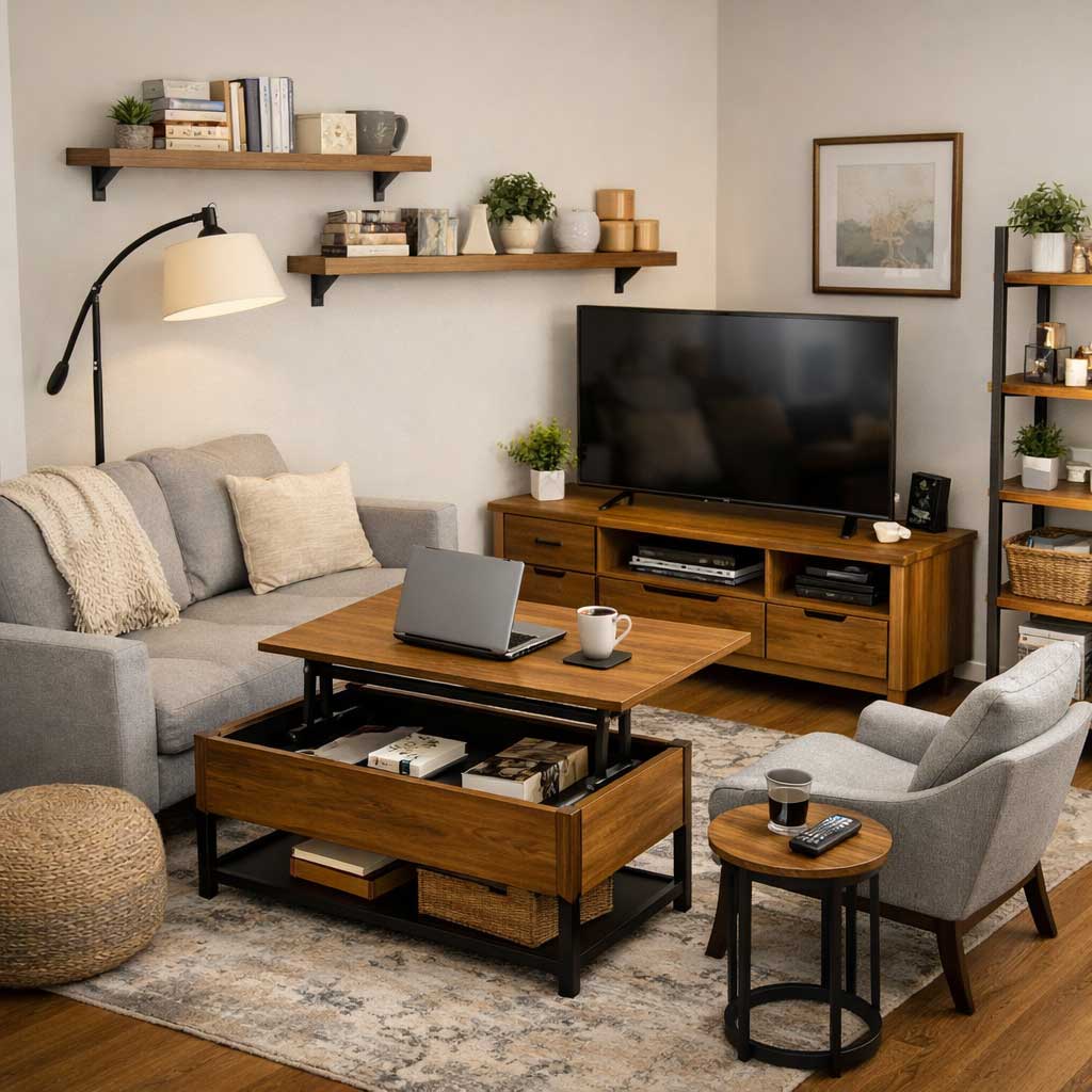 Small apartment living room arranged for TV watching and everyday use, featuring a media console, compact sofa, accent chair, lift-top coffee table, floating shelves, and a comfortable layout that balances screen time with daily living.