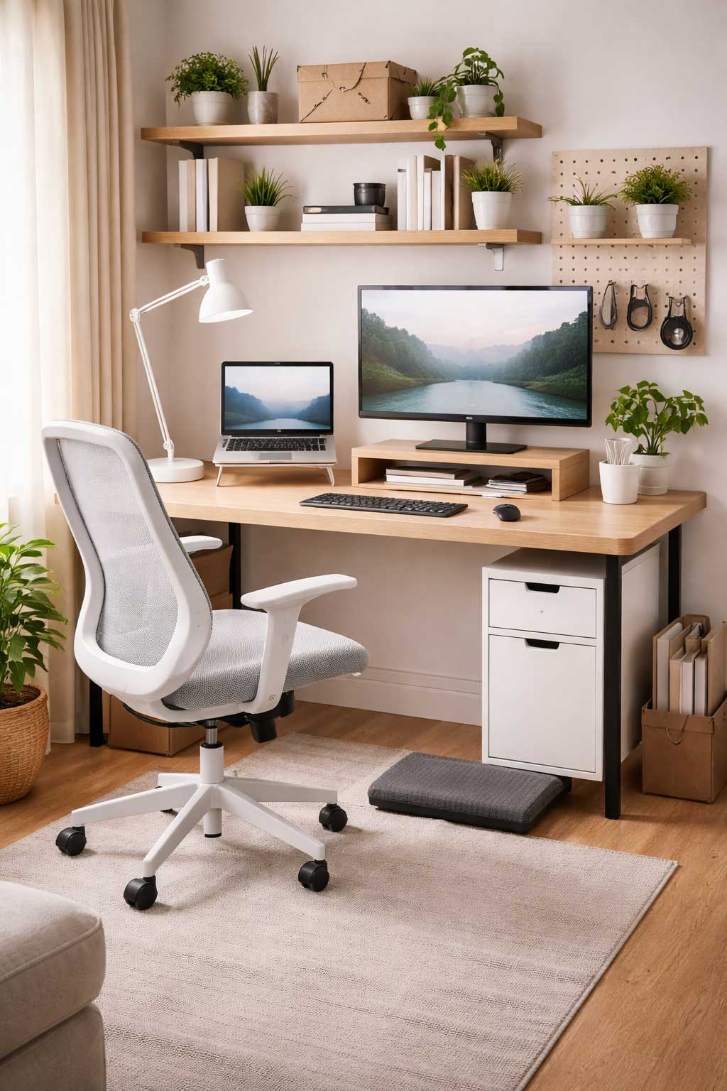 Small apartment ergonomic desk setup with a monitor riser, laptop stand, supportive office chair, footrest, task lamp, floating shelves, and a compact workspace arranged for comfort and productivity.