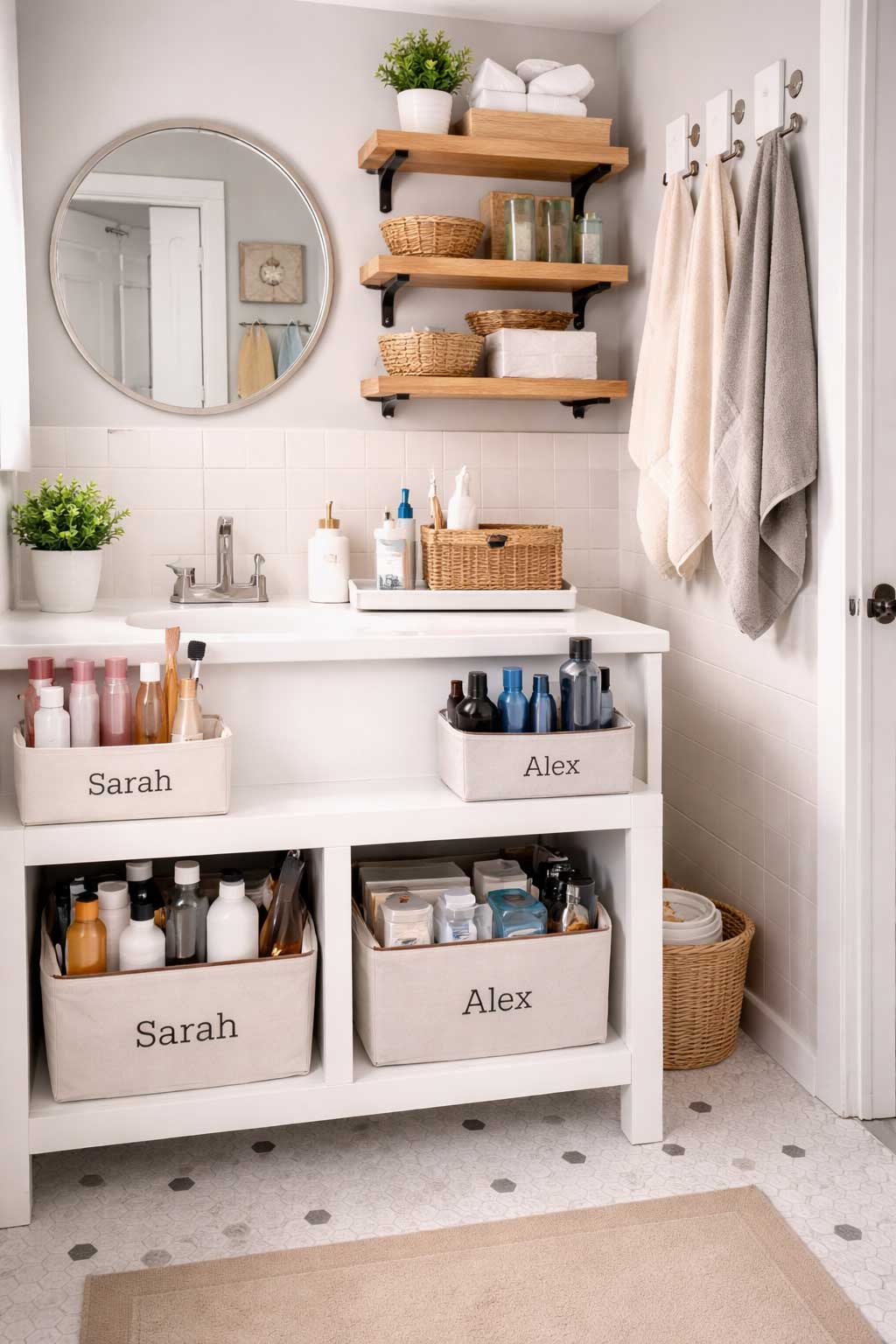 Small shared apartment bathroom with organized personal storage bins under the sink, wall shelves, hooks with hanging towels, and neatly arranged toiletries in a clean condo-style layout.