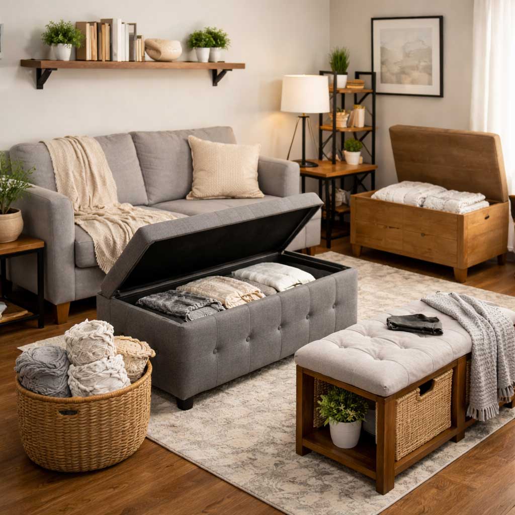 Small apartment living room with blanket storage, featuring a storage bench, ottoman coffee table, woven basket, folded throws, and a cozy seating area that stays organized without looking crowded.