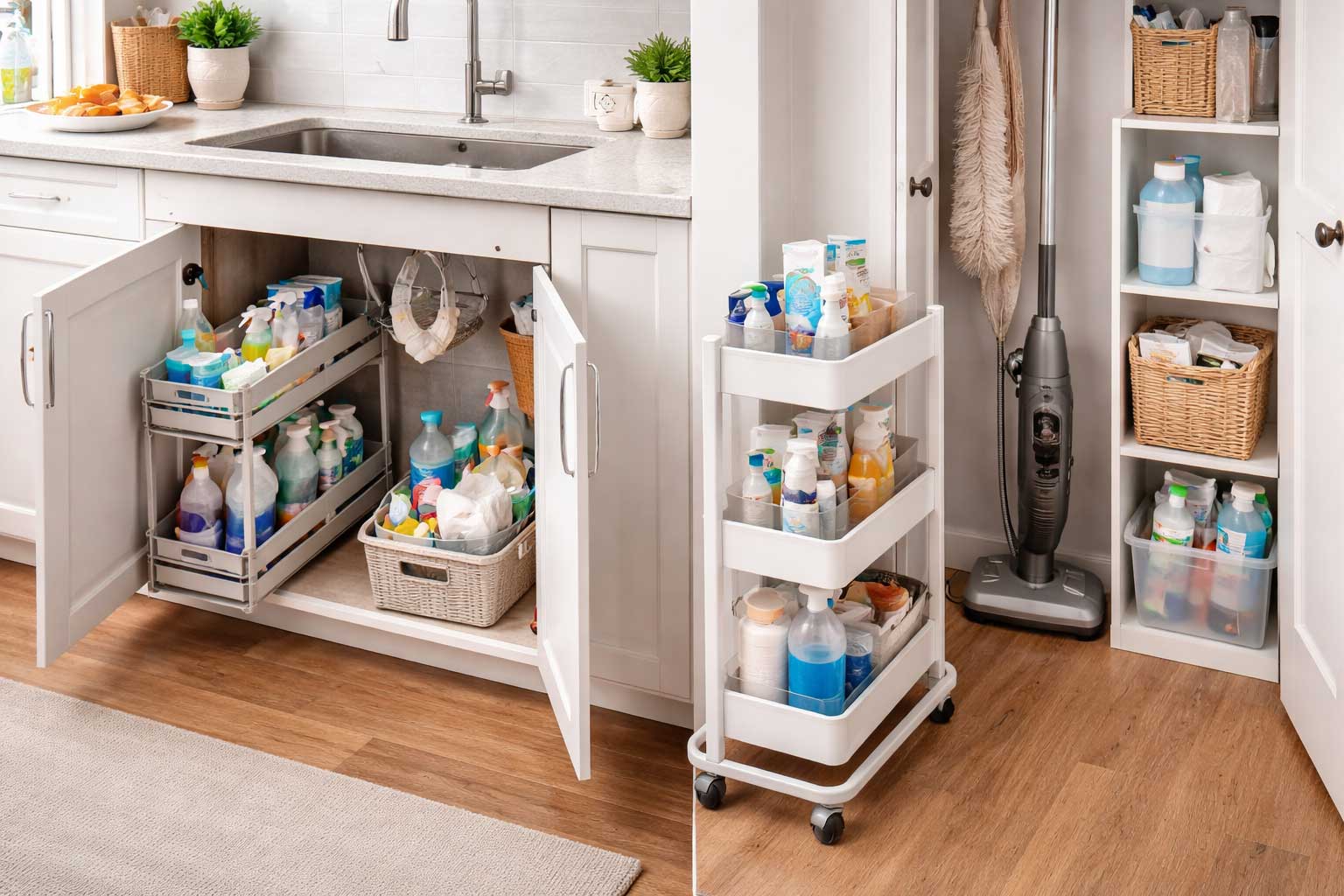 Small apartment with organized cleaning supply storage, featuring under-sink pull-out organizers, a slim rolling cart, and a compact utility shelf keeping sprays, refills, and cleaning tools neatly contained.