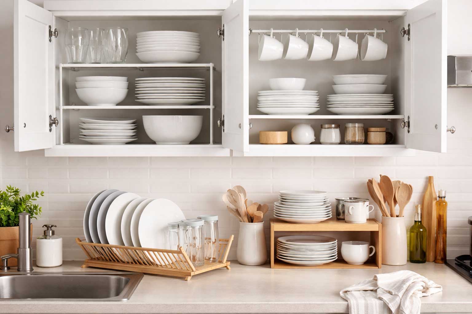 Small apartment kitchen with organized everyday dish storage, featuring stacked plates and bowls in upper cabinets, hanging mugs, a compact dish rack, and a clean counter layout that keeps daily dishware easy to reach.