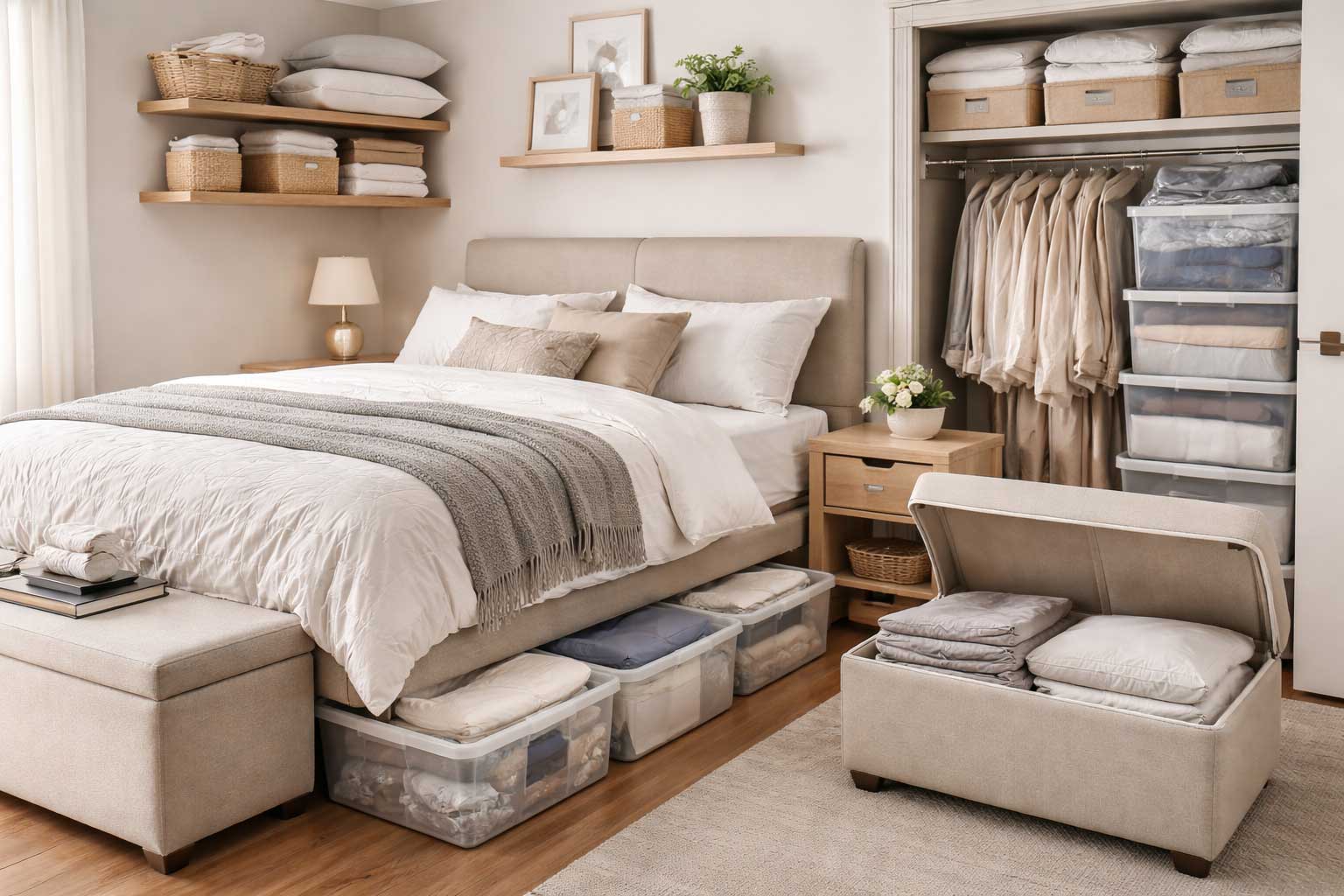 Small apartment bedroom with extra bedding storage, featuring under-bed bins, a storage bench, closet shelf bins, and wall shelves organizing spare sheets, pillows, blankets, and folded linens.