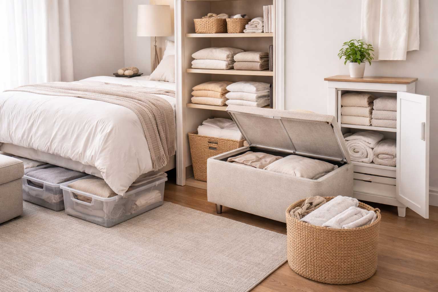 Small apartment bedroom with linen storage, featuring under-bed bins, a storage bench, folded sheets and towels on shelves, and a compact cabinet keeping extra soft goods organized without clutter.