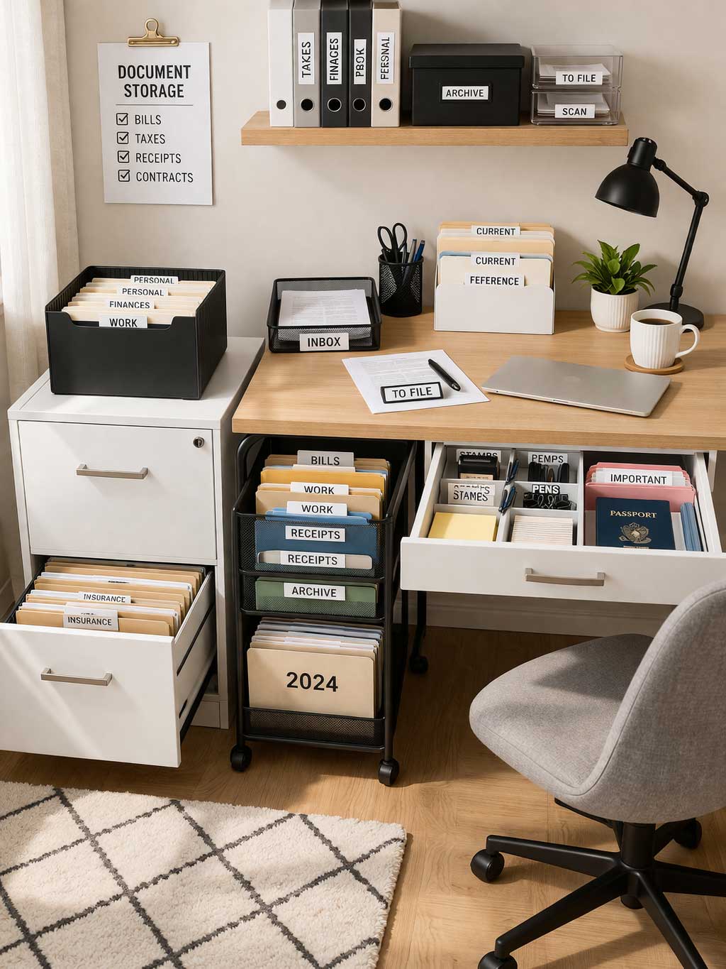 Small apartment office with organized paperwork, featuring a compact filing cabinet, mobile file cart, desk tray, folders, and neatly arranged document storage in a clean home workspace.