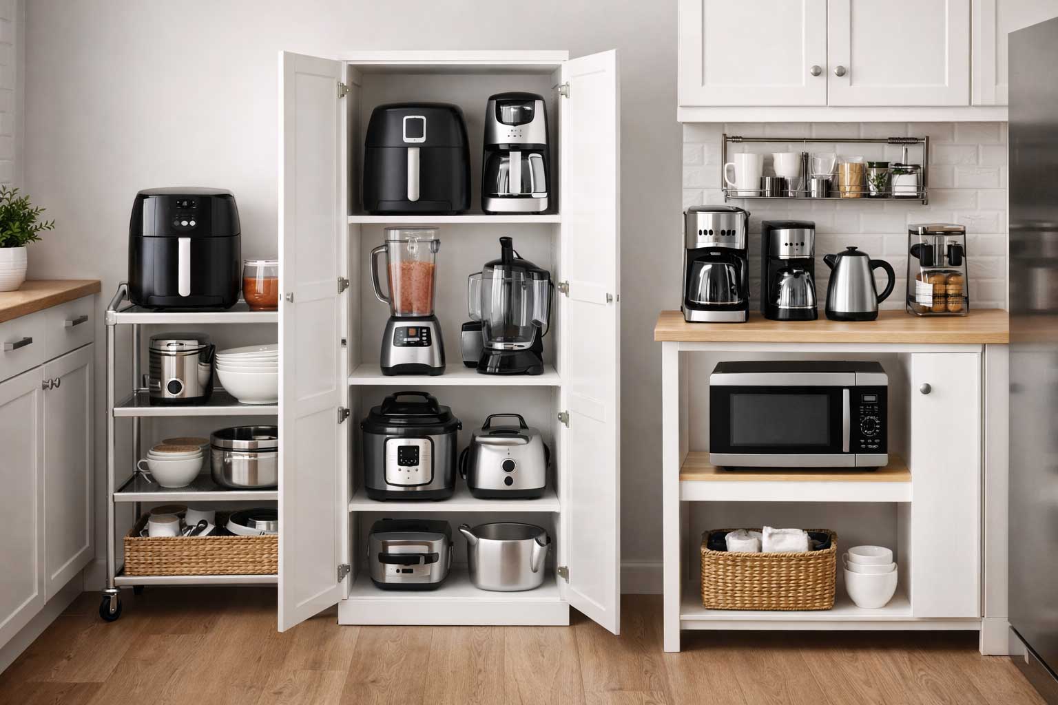 Small apartment kitchen with organized small appliance storage, featuring an appliance cart, pantry cabinet, microwave stand, and a compact coffee station that keeps counters clearer and appliances easy to access.