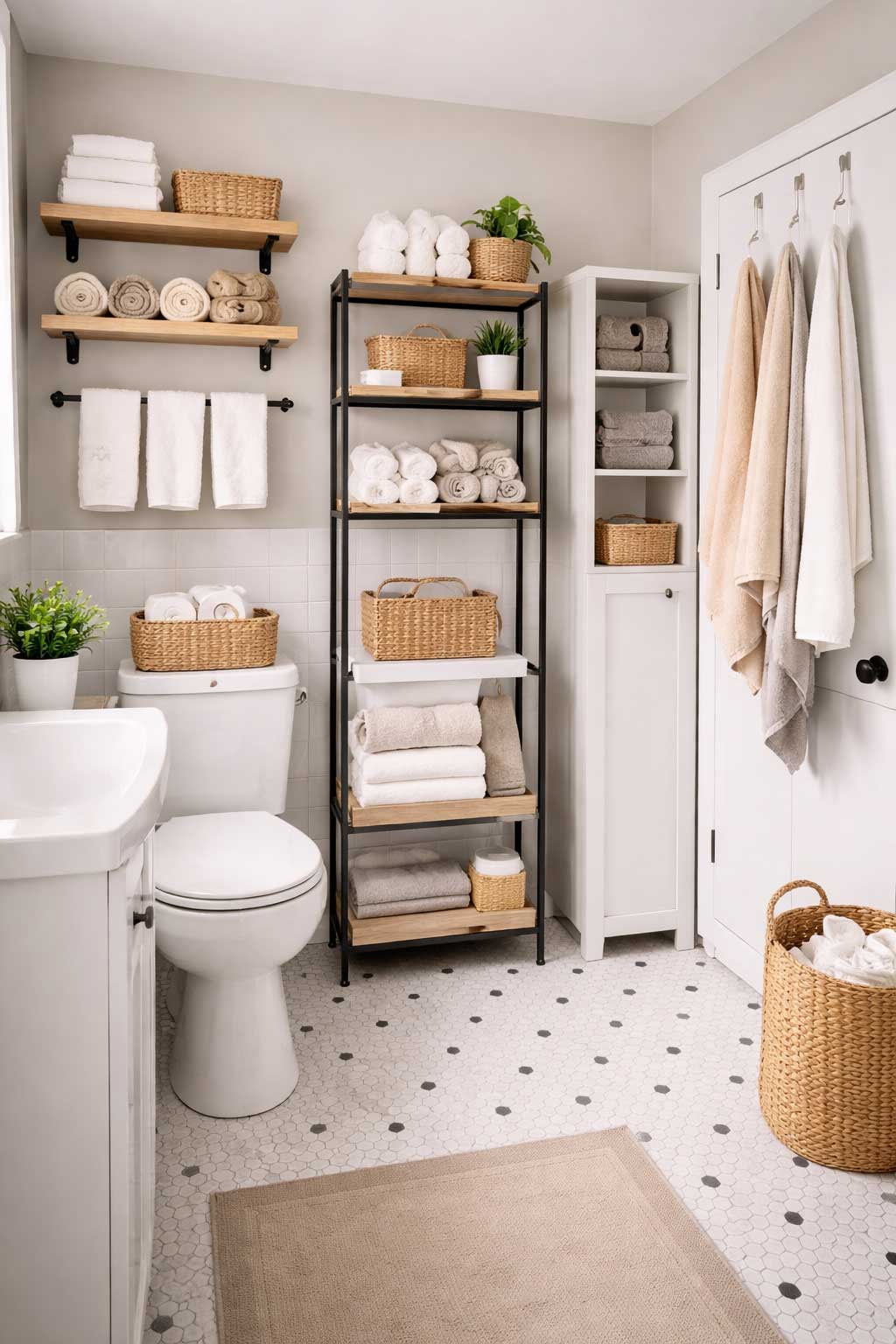 Small apartment bathroom with efficient towel storage, featuring wall shelves, hooks, a tall narrow cabinet, open shelving with folded towels, baskets, and an authentic condo-style layout.
