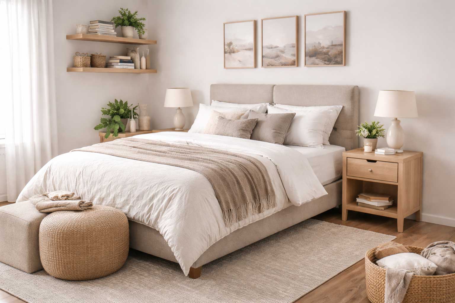 Small apartment bedroom styled with soft neutral bedding, matching bedside lamps, floating wood shelves, framed wall art, and a clean, cozy layout that feels polished without looking cluttered.