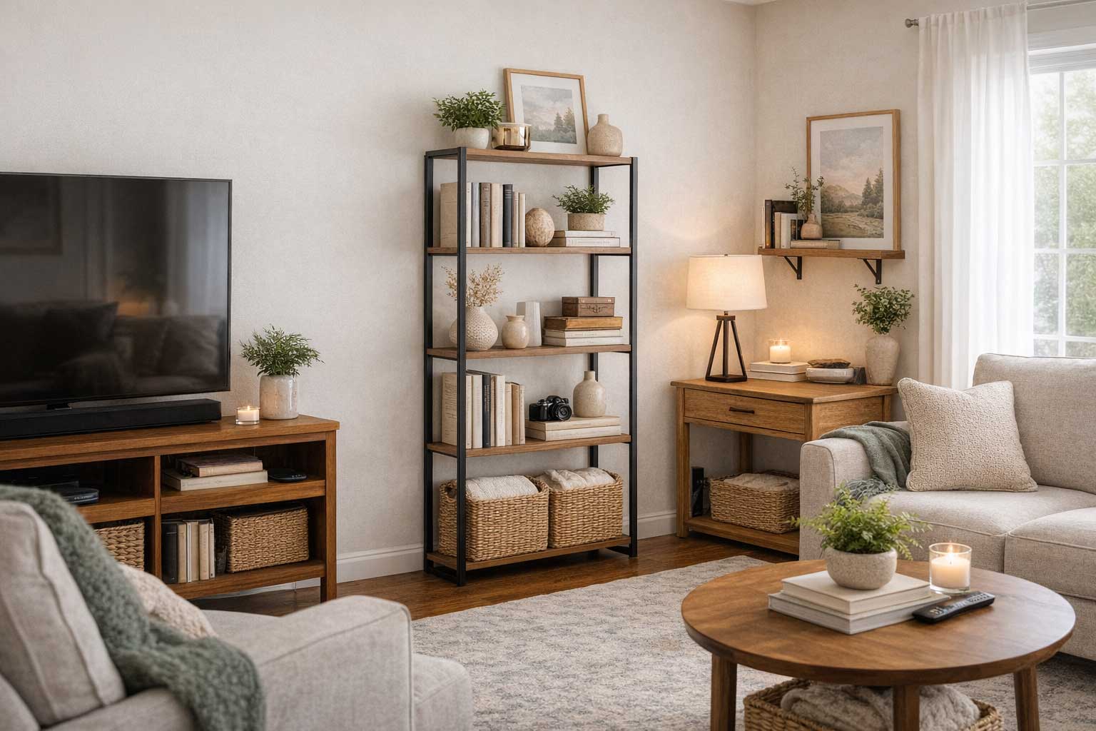 Small apartment living room with open shelving, featuring neatly styled books, baskets, decor, and plants arranged on slim shelves to add storage without creating visual clutter.