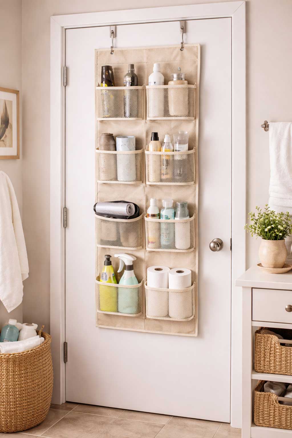 Over-the-door storage organizer on a small apartment bathroom door with mesh pockets holding toiletries, cleaning supplies, paper products, and everyday essentials in a clean neutral space.