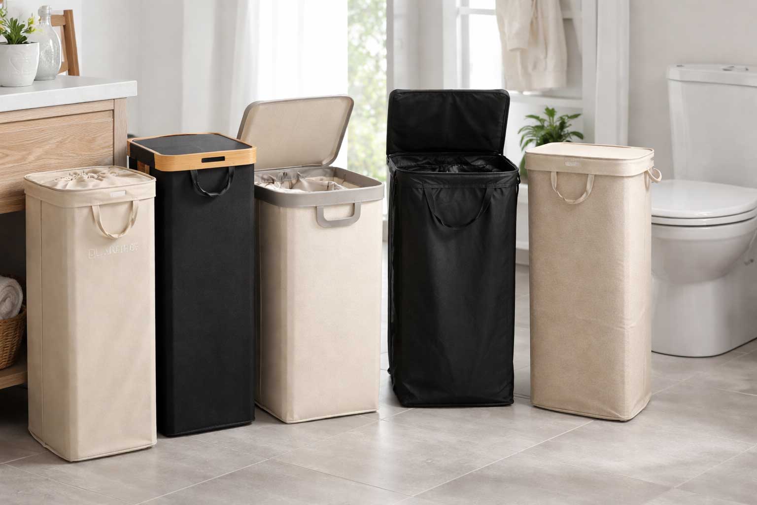 Small apartment bathroom with several slim laundry hampers lined up on the floor beside a vanity and toilet, showing tall space-saving hamper styles in a compact bathroom setting.
