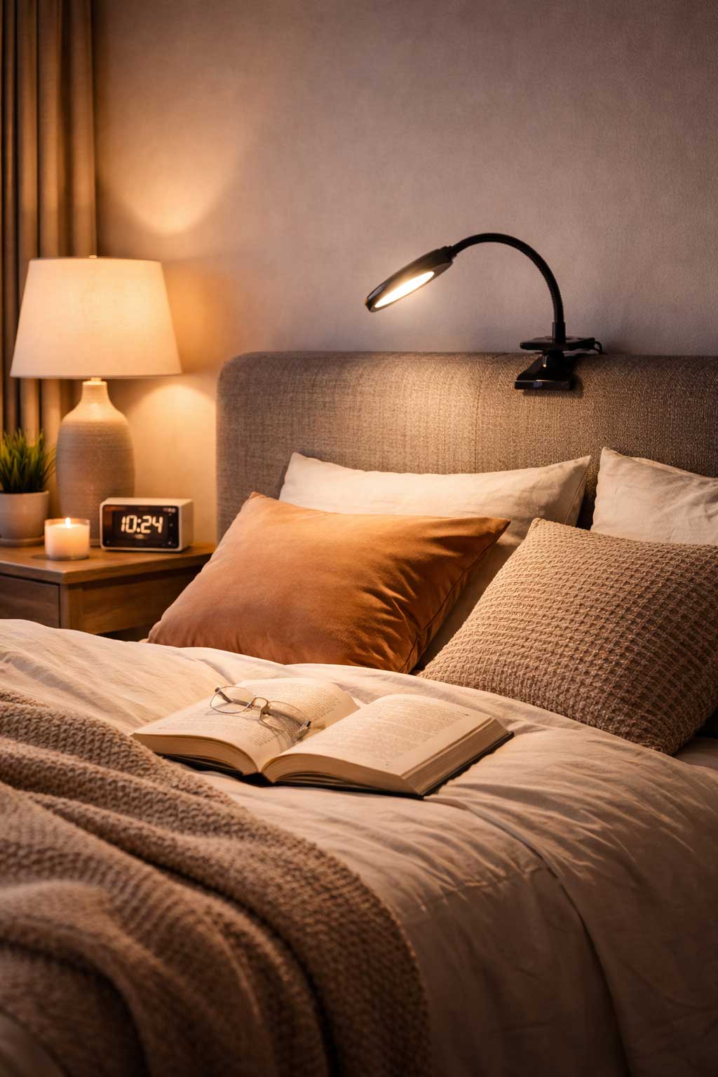 clip-on headboard reading light illuminating an open book on a bed in a small apartment bedroom at night