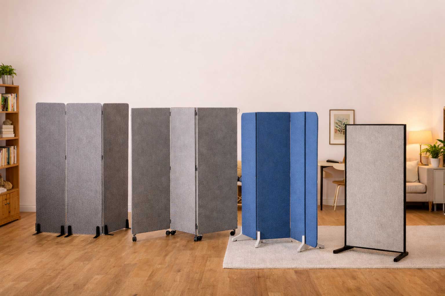 Studio apartment interior with freestanding acoustic room divider panels creating a separated workspace area, with neutral walls, wood floors, and soft natural light.