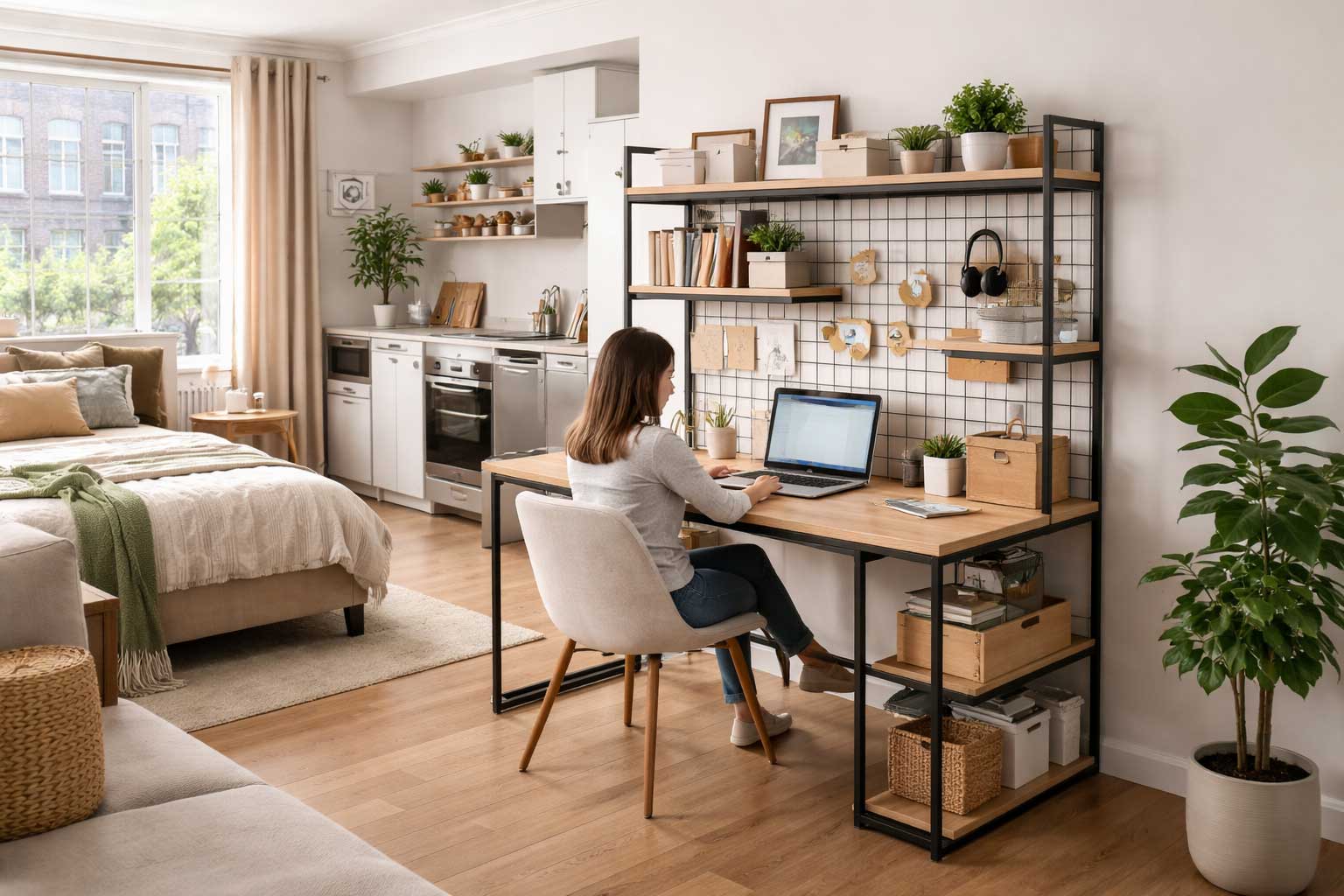 Modern chic studio apartment with a bookcase desk in use, featuring built-in shelves, a laptop workspace, and organized desk accessories in a realistic open-concept layout with the bed and kitchenette visible.