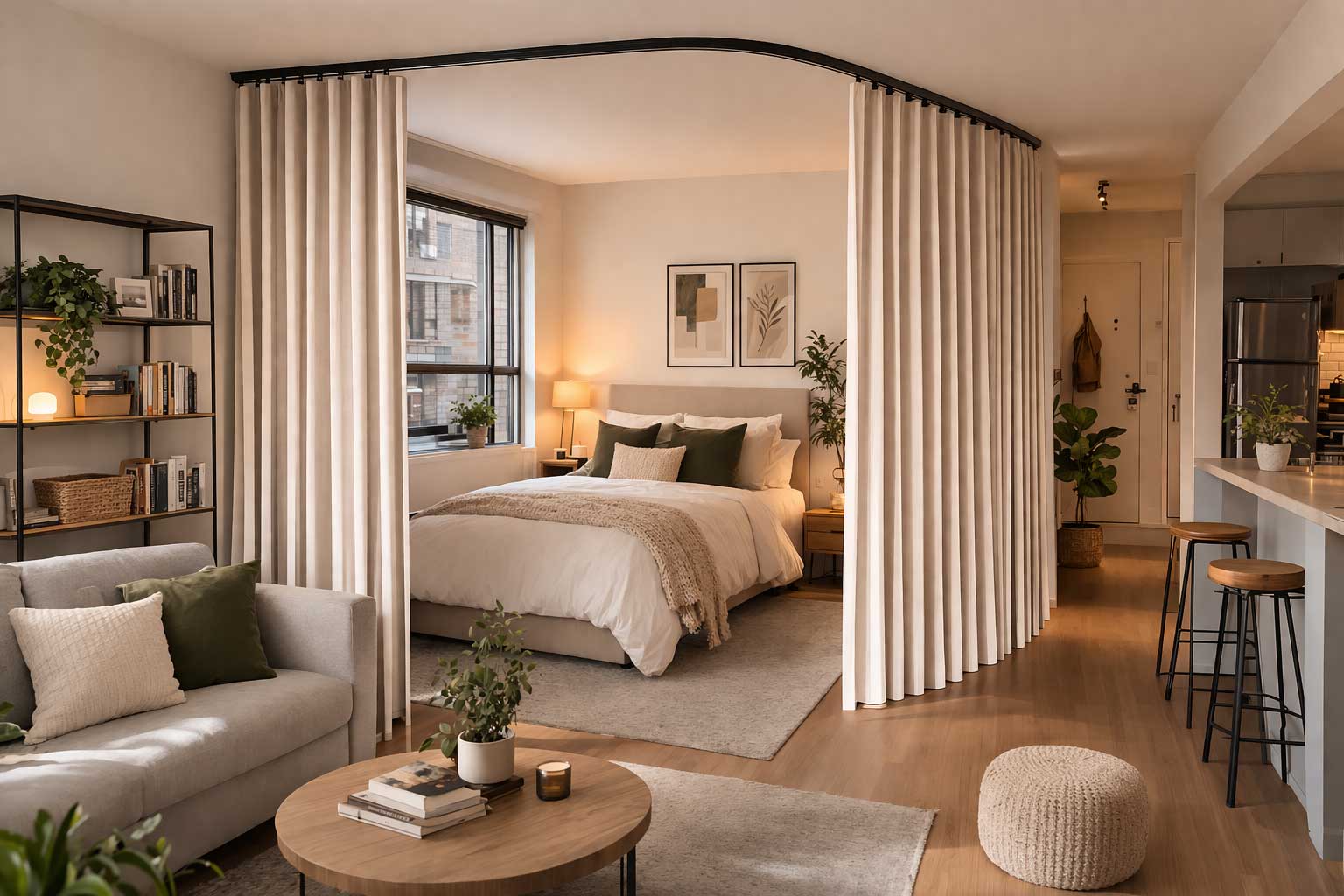 Studio apartment interior with a curved ceiling-mounted curtain track creating a private sleeping area, alongside a cozy sofa, open shelving, plants, and warm wood flooring.