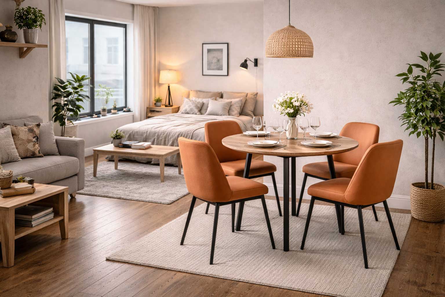 Modern studio apartment with a compact round dining set, upholstered chairs, and an open-concept layout showing the dining, living, and sleeping areas in one cohesive space.
