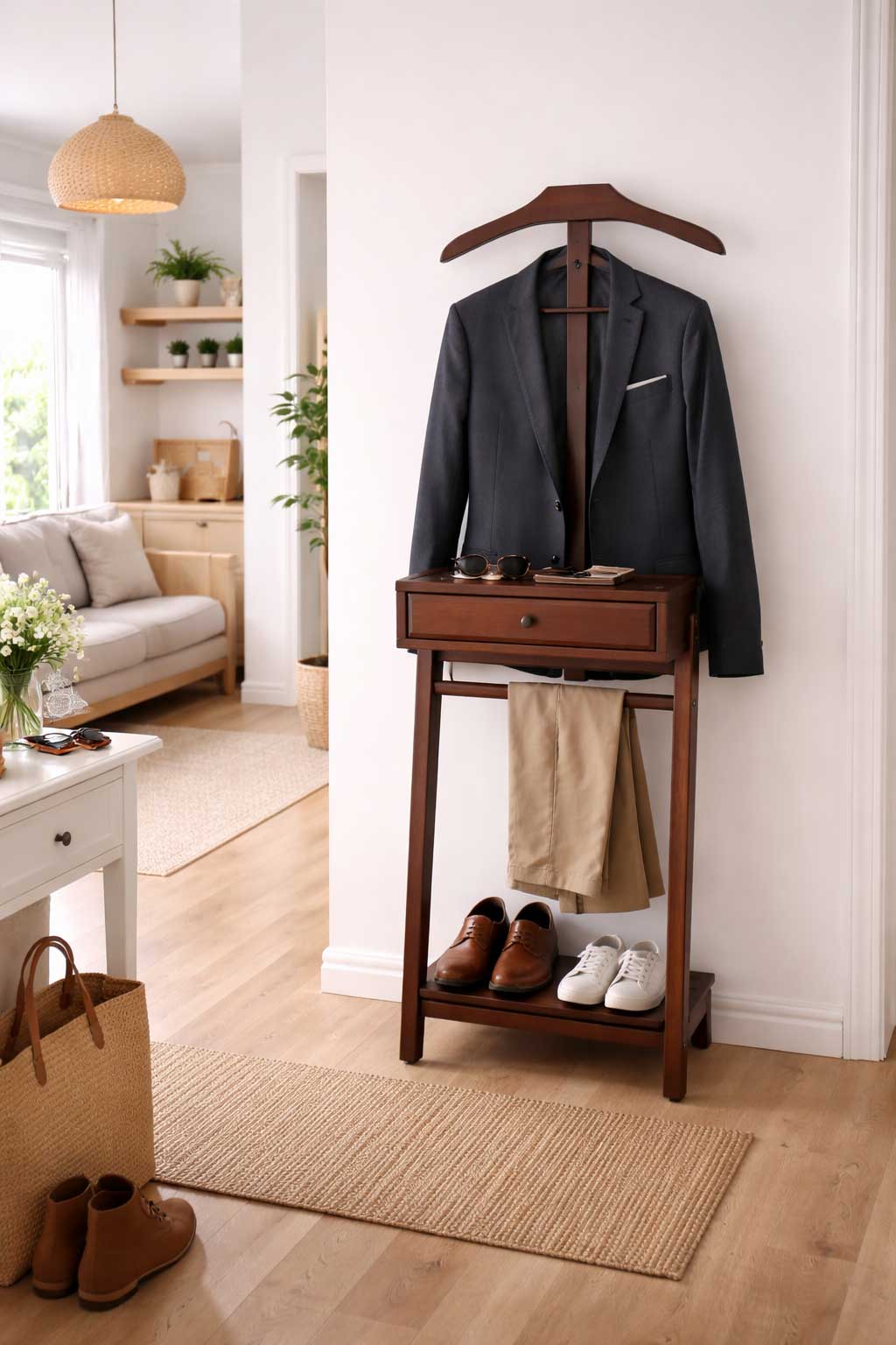 Natural apartment entryway with a compact wooden valet stand holding a blazer and pants, with shoes and daily essentials arranged below in a bright, realistic small-space interior.