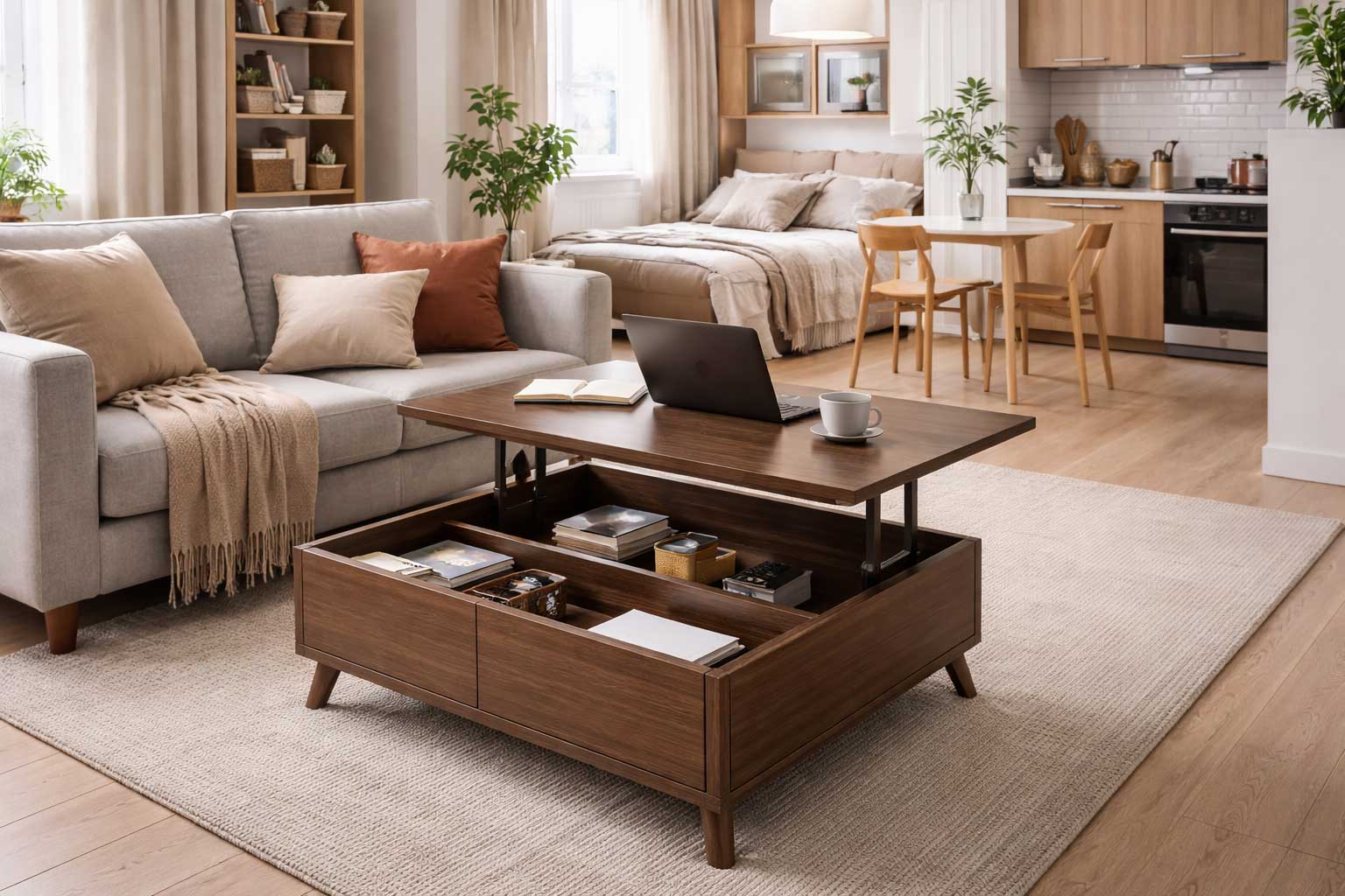 Studio apartment interior with a walnut convertible coffee table in lift-top mode, showing hidden storage beneath, alongside a sofa, bed area, compact dining set, and small kitchen.