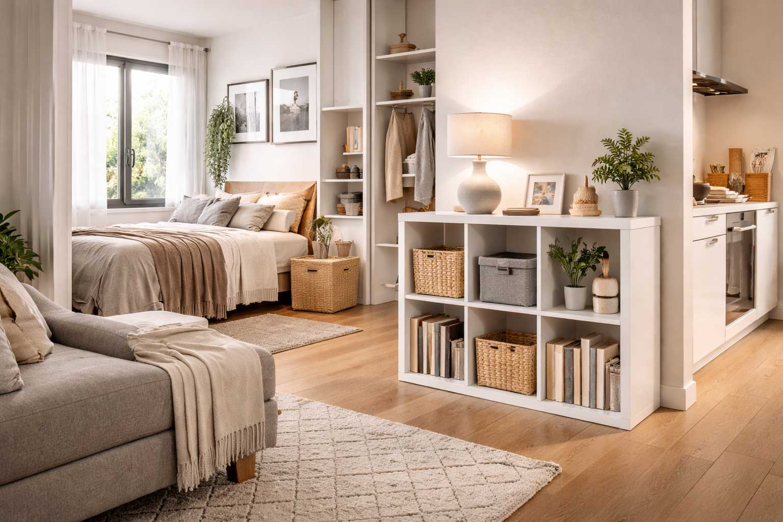 Realistic studio apartment with a white cube storage organizer styled with baskets, books, plants, and décor, shown between the living area, bed, and kitchen in an open-concept layout.