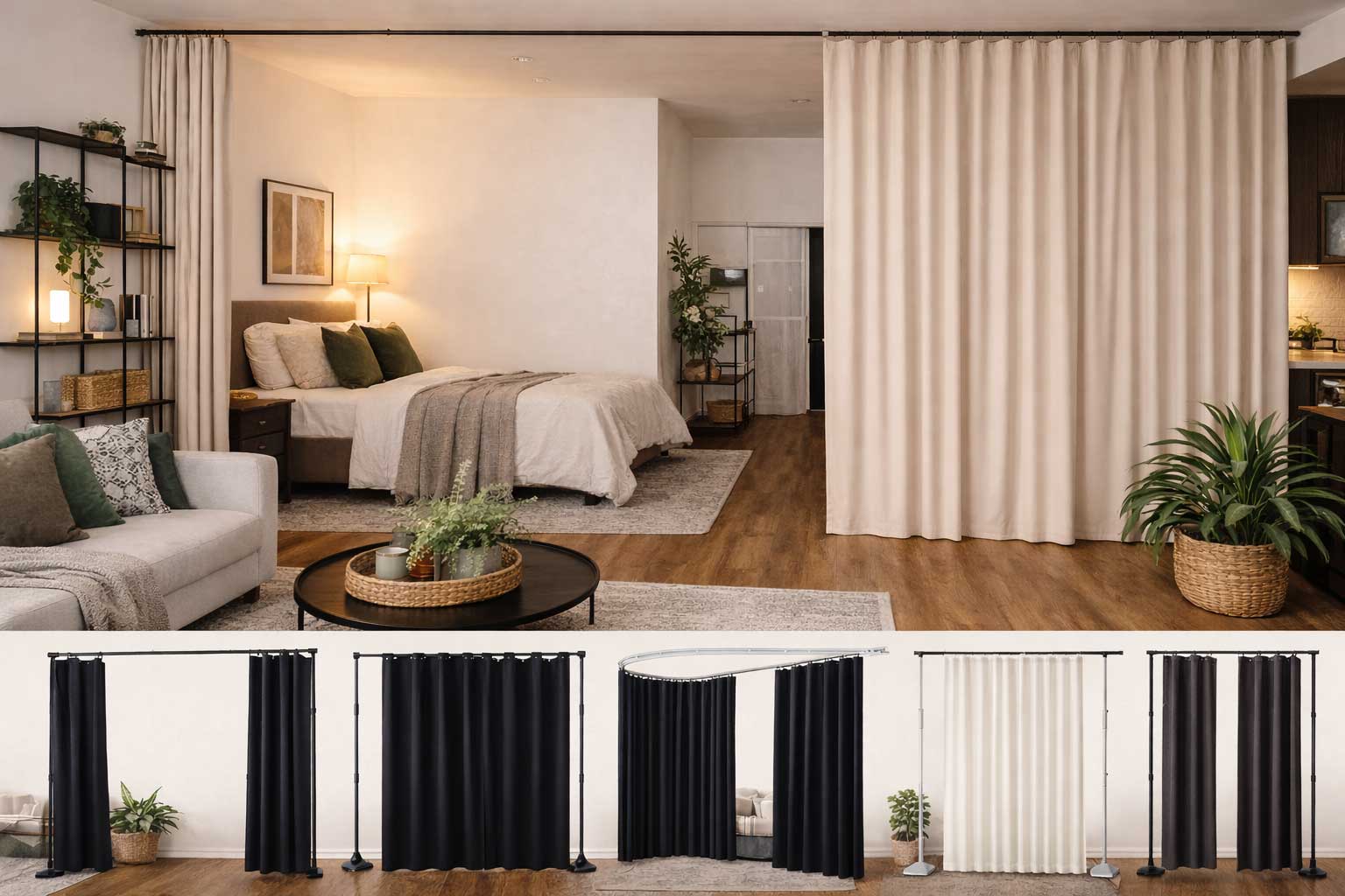 Studio apartment interior with a ceiling-mounted curtain divider separating the bed from the living area, with neutral furniture, open shelving, plants, and warm wood flooring.