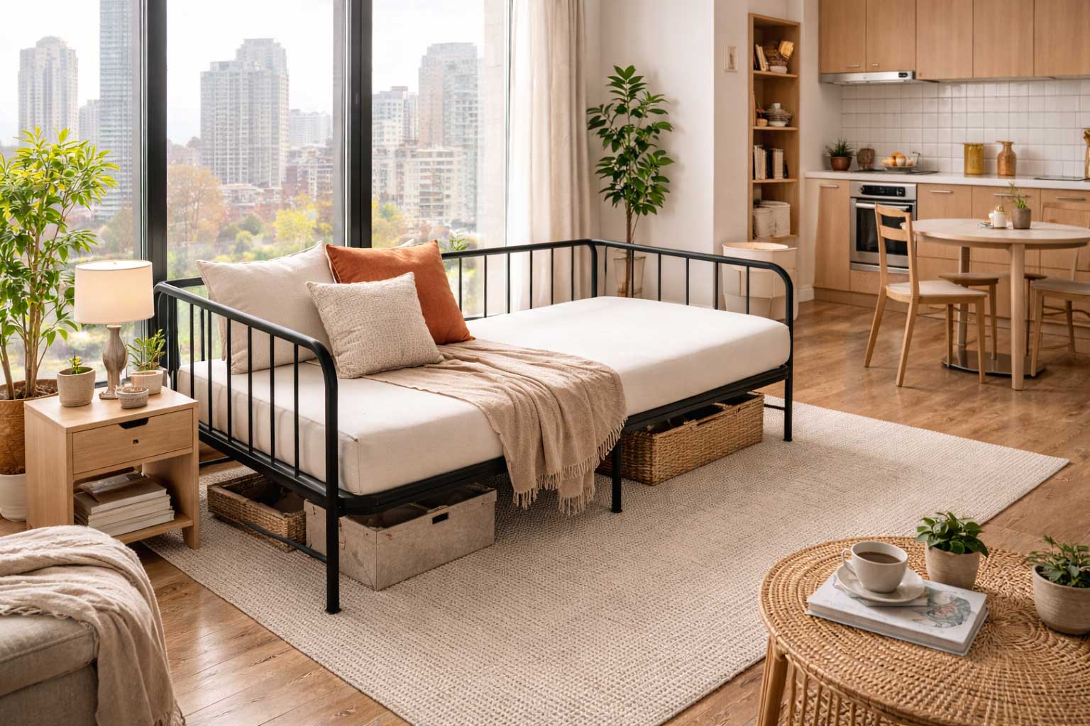 Chicago studio apartment interior with one black metal daybed near tall windows, neutral décor, light wood floors, under-bed storage baskets, and a compact kitchen and dining area in the background.