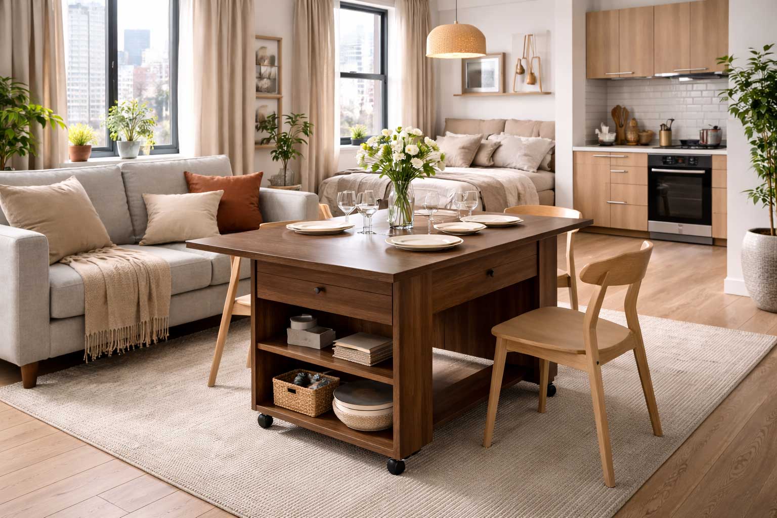 Modern New York studio apartment interior with a walnut drop-leaf table at the center, light wood chairs, a sofa, bed area, compact kitchen, and large city-view windows.