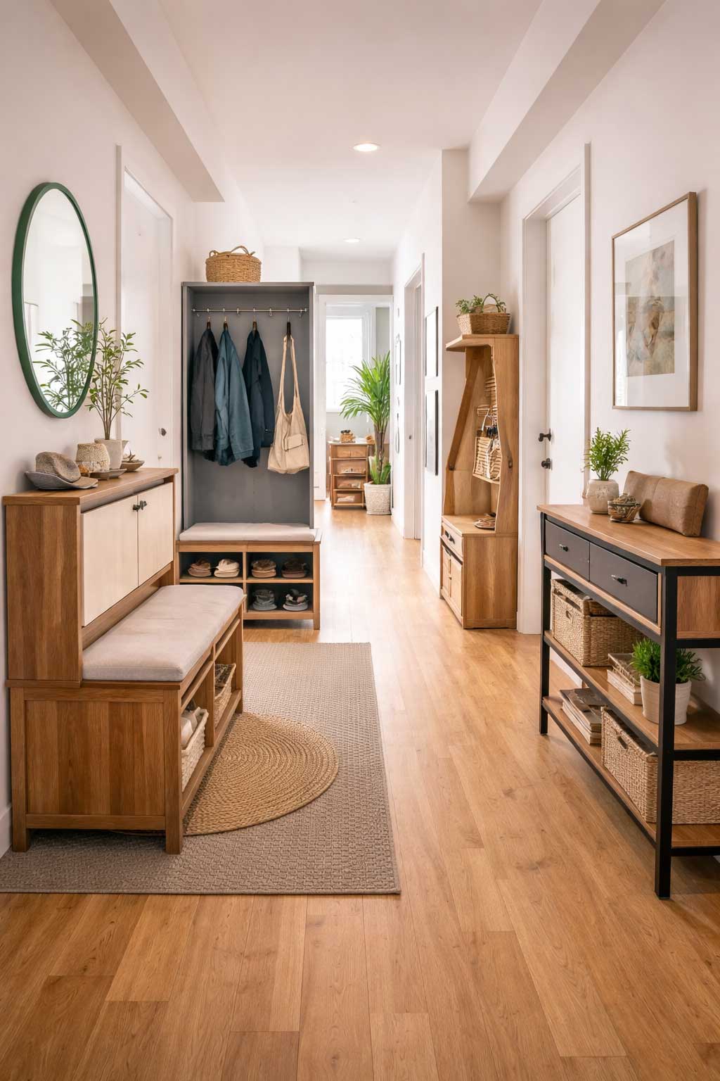 Natural narrow apartment hallway with slim entryway furniture including a storage bench, hall tree, and console table in a realistic modern small-space interior.