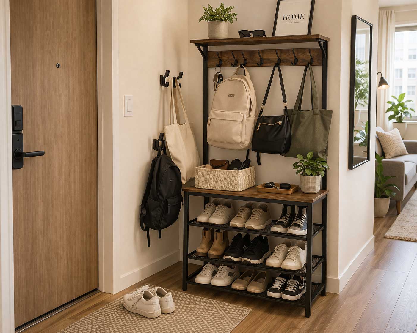 Natural small apartment entryway with a dedicated organizer holding backpacks, tote bags, and jackets above open shoe storage in a realistic modern interior.