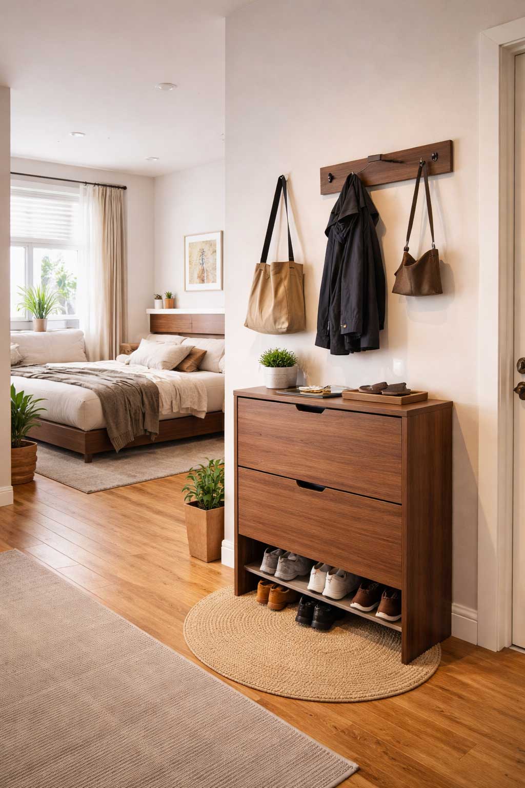 Modern studio apartment entryway with a slim organizer cabinet, wall hooks, and neatly stored shoes, shown in a realistic small-space interior with the bed visible in the background.