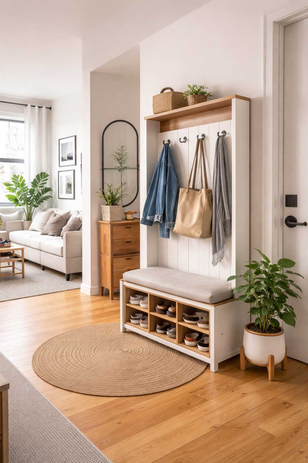 Natural apartment entrance with a hall tree bench, coat hooks, and open shoe cubbies, shown in a realistic small-space interior where the entryway opens directly into the living area.