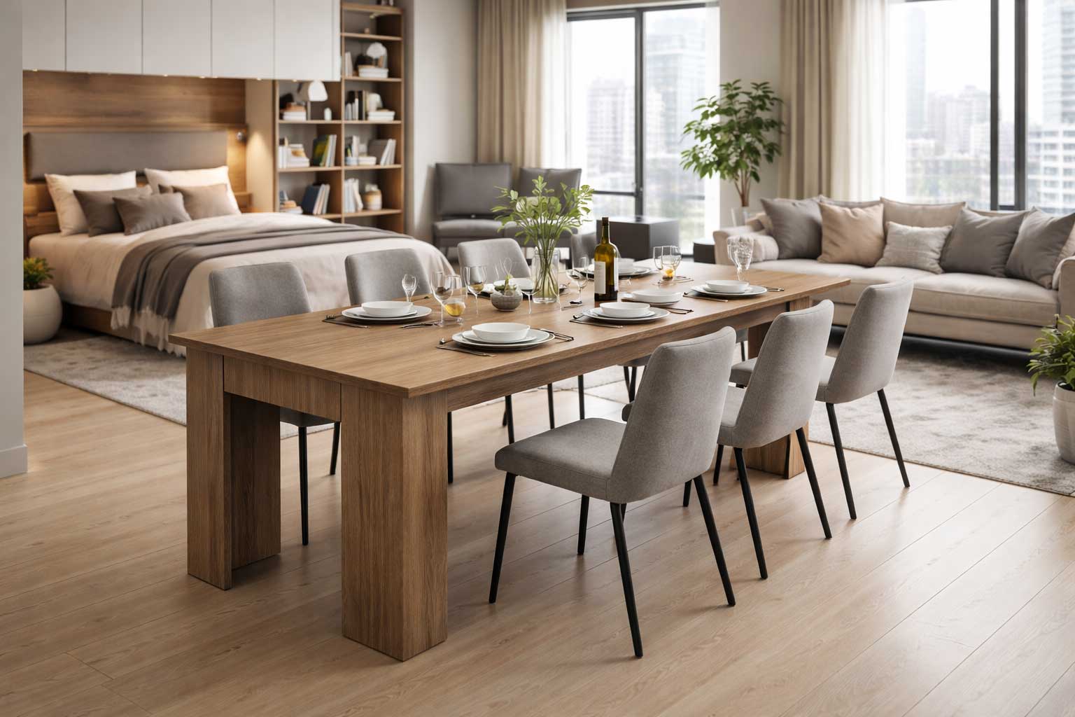 Modern studio apartment with an expandable console table opened for dining, surrounded by upholstered chairs, with the bed and living area visible in a bright open-concept layout.