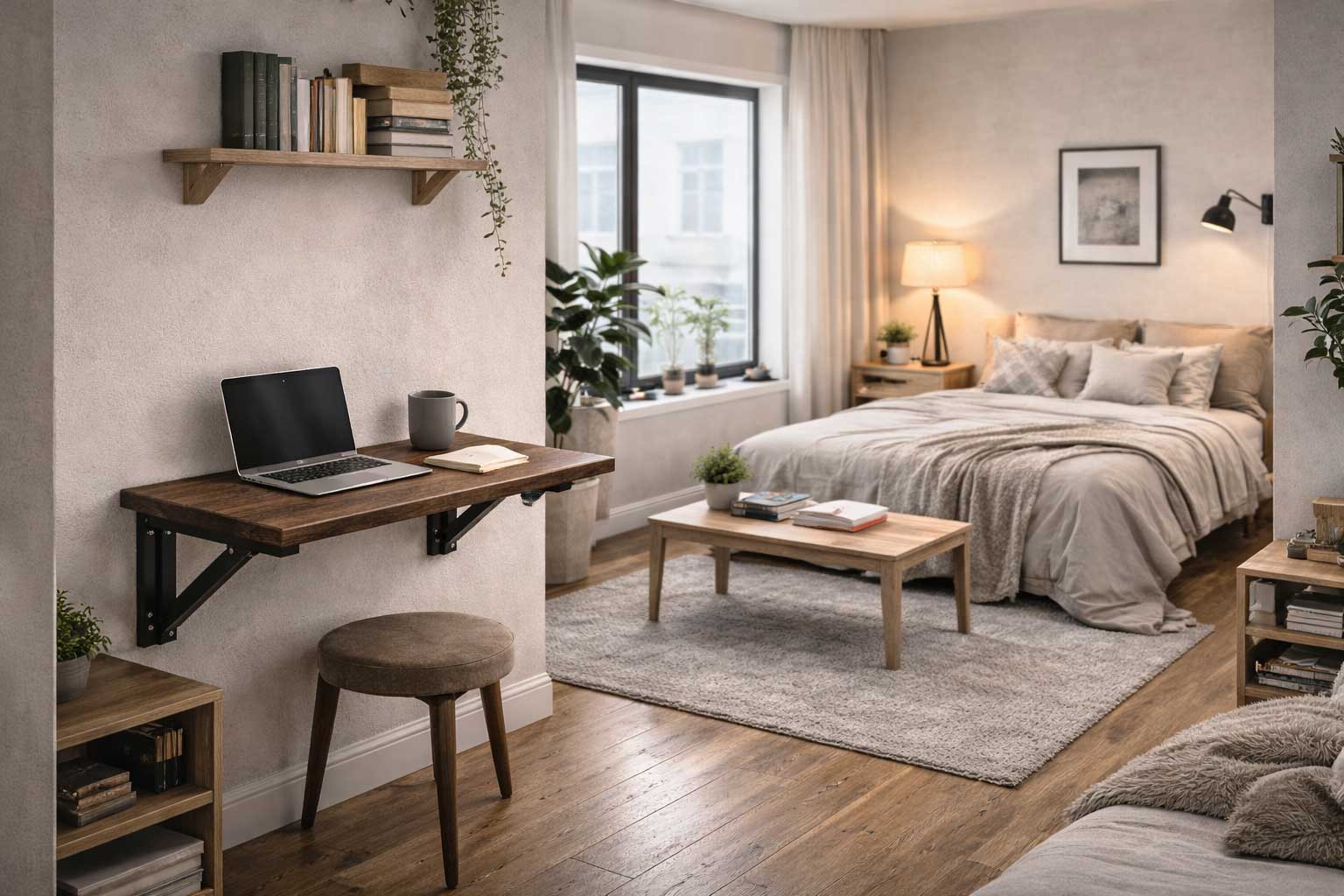 Modern studio apartment with a fold-down wall table mounted beside the sleeping area, shown in a natural open-concept layout with warm wood floors, soft neutral furniture, and large windows.