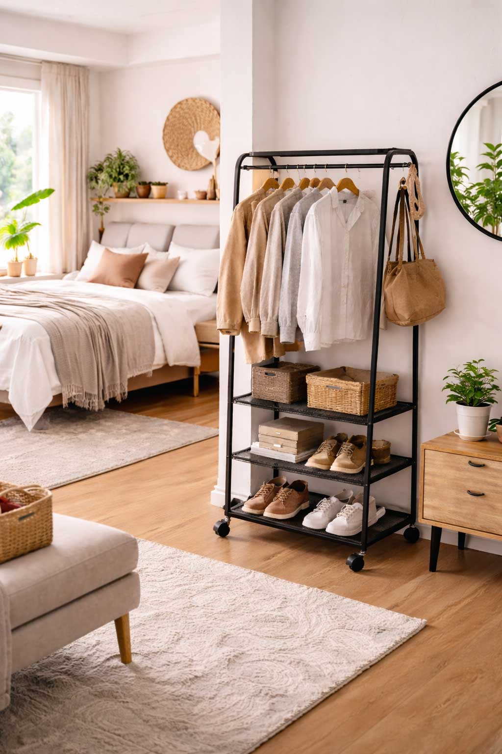 Modern chic studio apartment with a black garment rack holding neutral clothing, woven baskets, and shoes beside the sleeping area in a bright open-concept layout.
