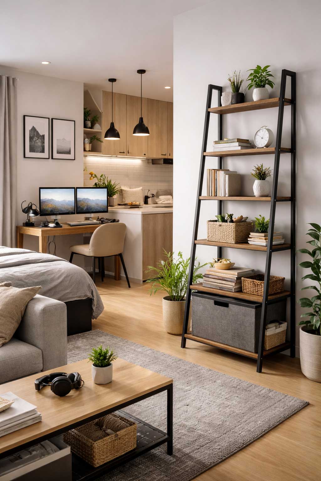Modern tech-inspired studio apartment with a tall ladder shelf beside the living area, featuring wood-and-black shelving, baskets, books, plants, and a workspace visible in the background.