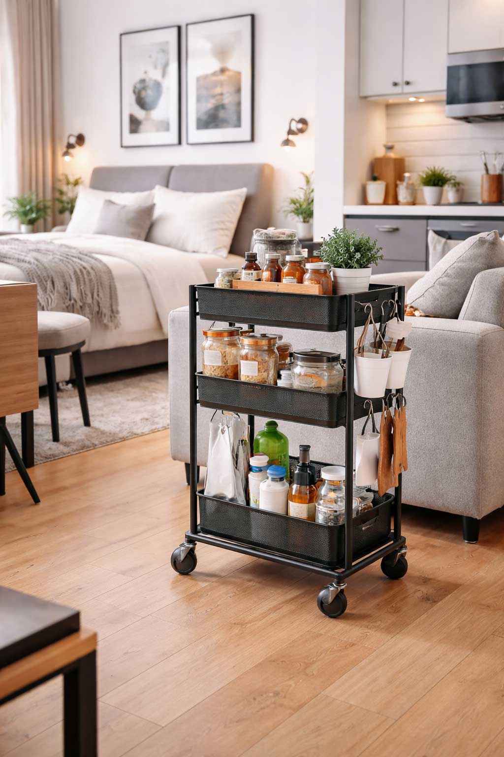 Modern studio apartment with a black mobile storage cart on wheels in view, shown in a realistic open-concept space with the bed, seating area, and kitchenette visible in the background.