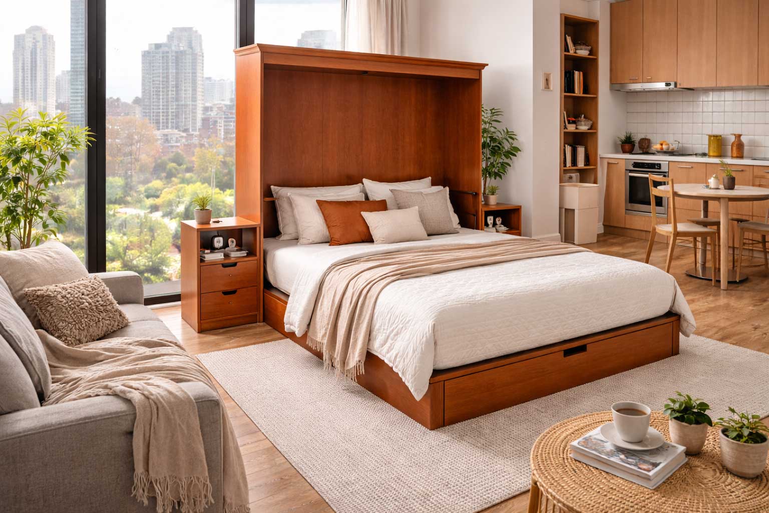 Downtown studio apartment interior with a wood Murphy bed opened for sleeping, floor-to-ceiling windows, neutral décor, warm wood floors, a compact dining area, and a city skyline view.