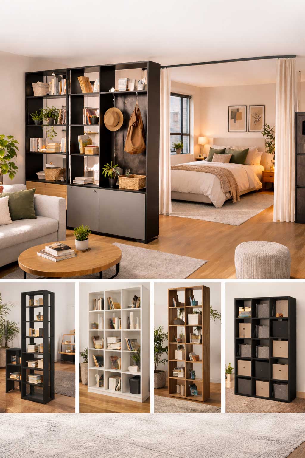 Studio apartment interior with an open bookshelf divider separating the living area from the bed, featuring neutral furniture, warm wood floors, and natural light.