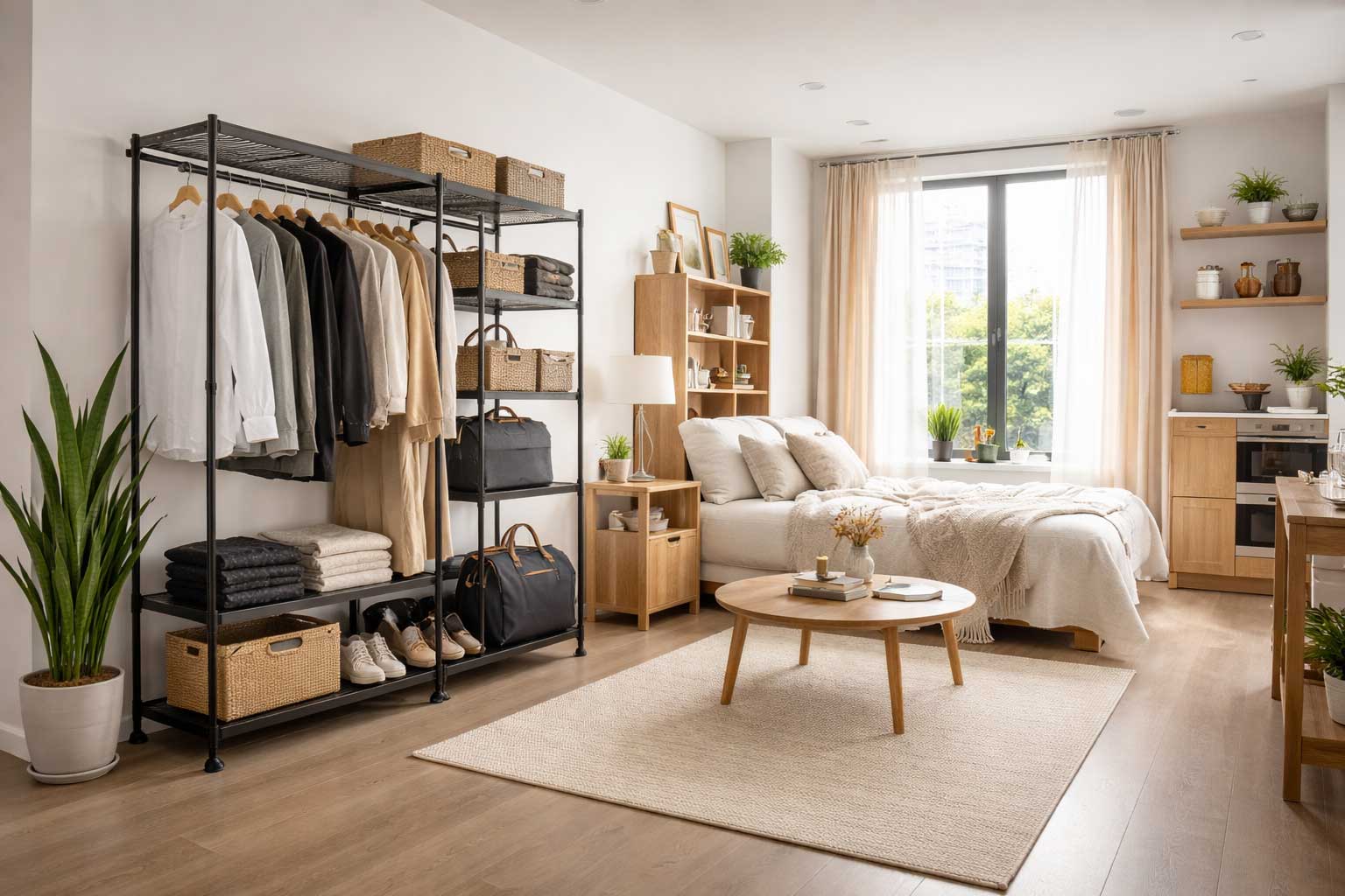 Modern studio apartment with a black portable closet system featuring hanging clothes and open shelves, shown in a realistic open-concept space with the bed, seating area, and kitchenette visible.
