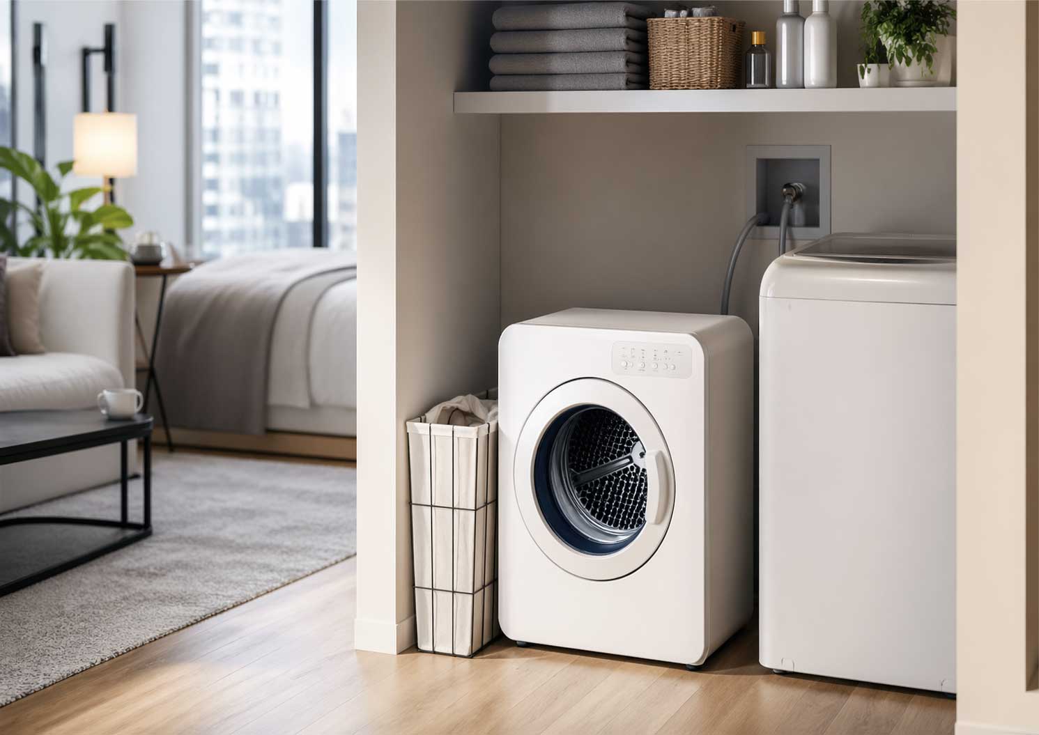 Portable dryer in a compact modern apartment laundry nook beside a small washer and slim hamper