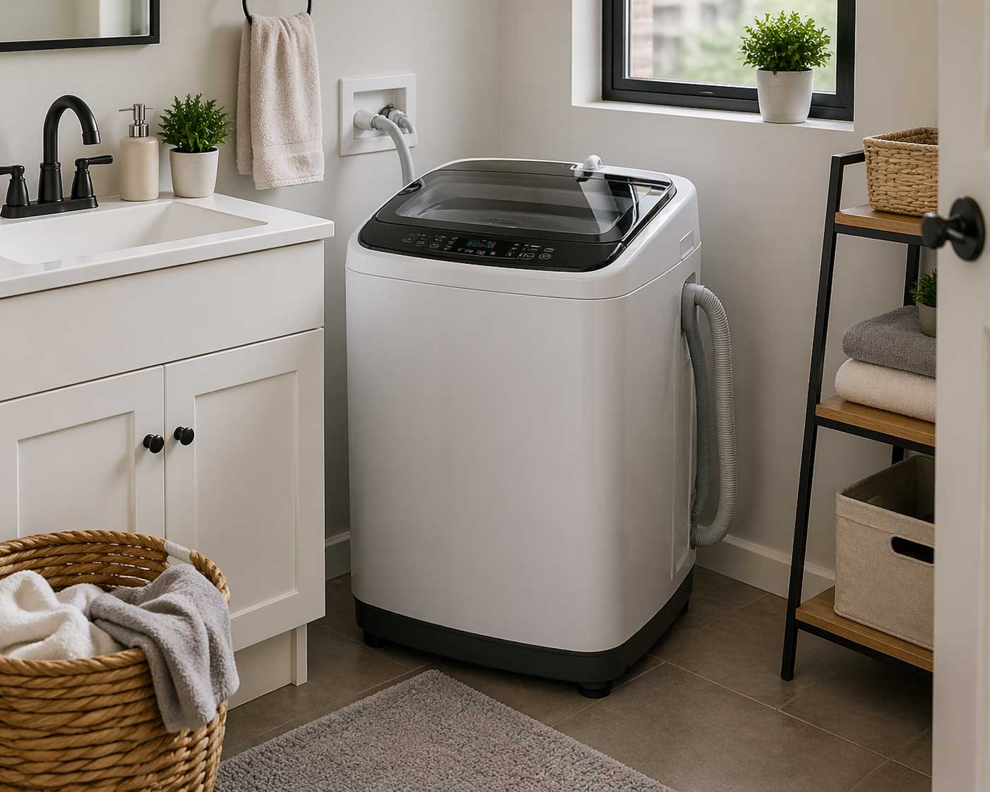 Portable washing machine in a bright, modern apartment bathroom laundry nook beside a sink and storage shelf.