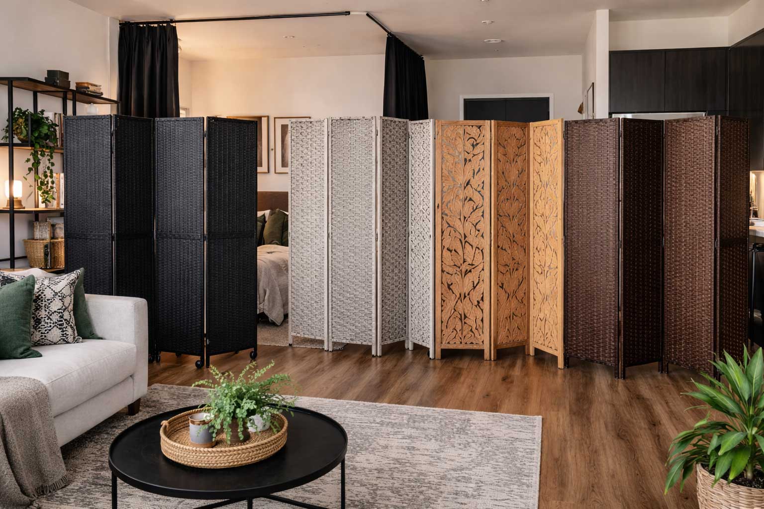 Studio apartment interior with several folding privacy screens creating separation between the bed and living space, with natural light, neutral furniture, and warm wood flooring.