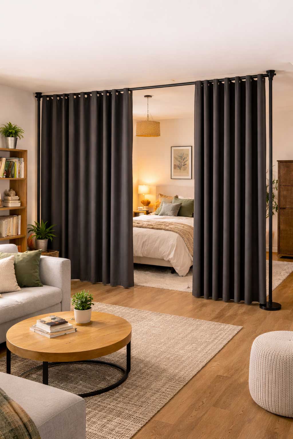 Studio apartment interior with a freestanding curtain room divider separating the bed from the living area, with neutral furniture, warm wood floors, and soft natural light.