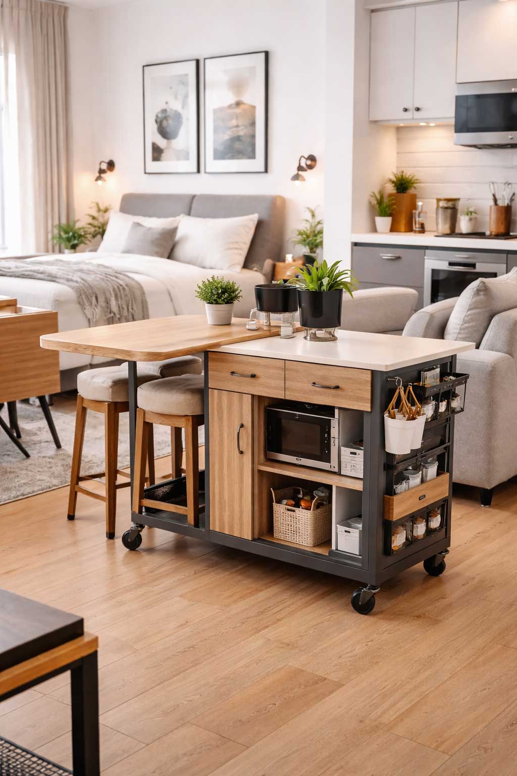 Modern studio apartment with a rolling kitchen island in view, shown in a realistic open-concept space with the kitchen, sleeping area, and seating area visible together.