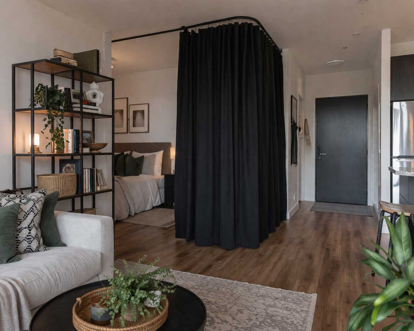 Studio apartment interior with a folding room divider creating separation between the bed and living area, surrounded by neutral furniture, open shelving, and natural light.